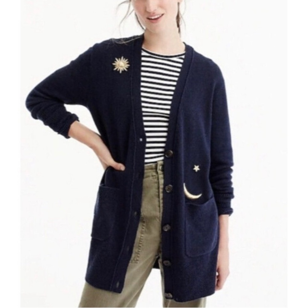 J. Crew Sun & Moon Embroidered Wool Blend Navy Cardigan Size Large Like New